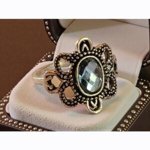 BEZEL SET BLUE TOURMALINE QUALITY SHINY TITANIUM SILVER FILAGREE NEW SIZE 8 RING